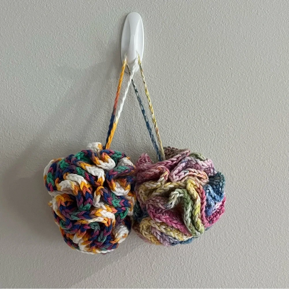 Set of 2 Crochet Pink/Yellow/Blue Eco-Friendly Bath Loofahs with Hanging Loop